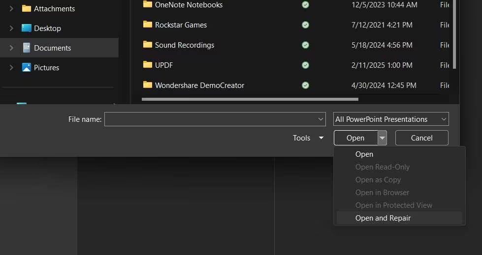 open and repair the file