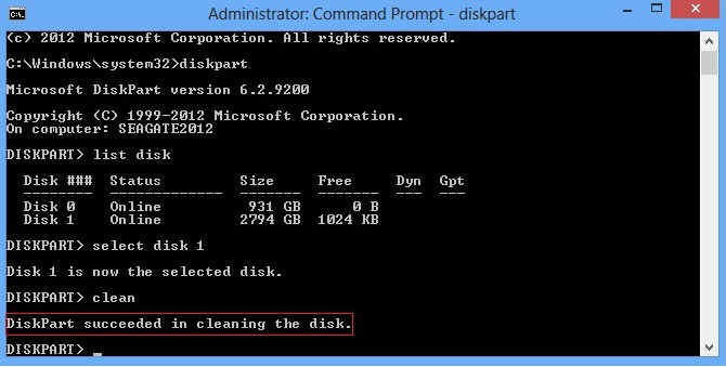 diskpart command wipe c drive 