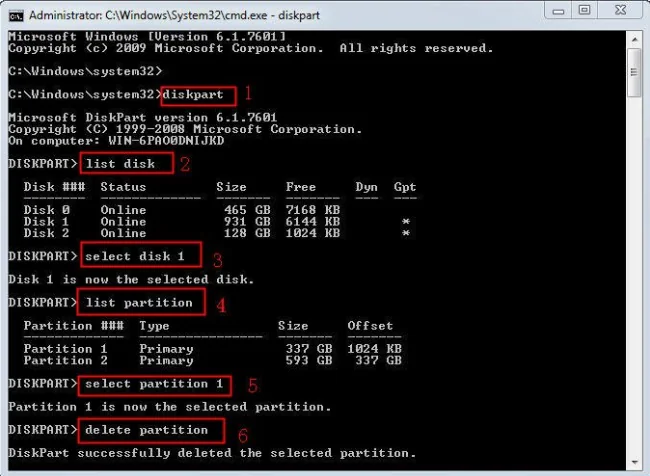 delete partition using diskpart 