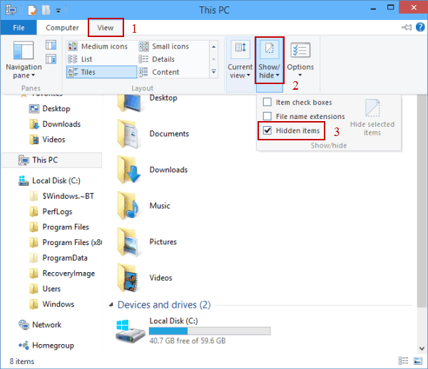 enable hidden items 