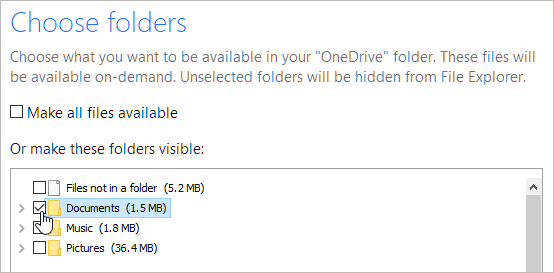 onedrive choose folders 