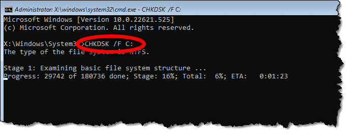run chkdsk command windows pc 