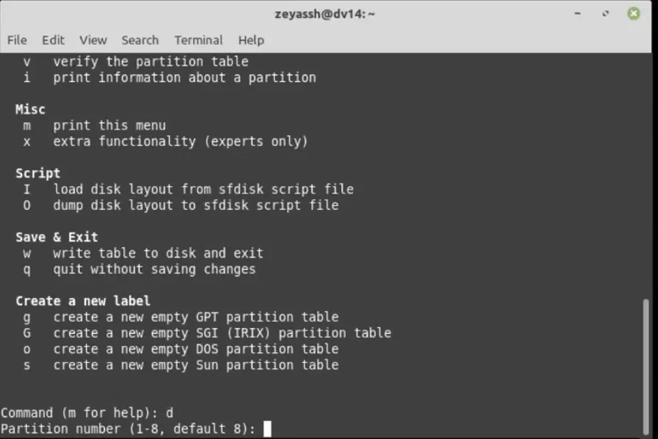 delete partition in linux