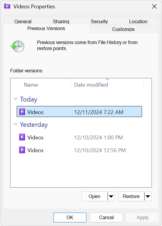 restore previous versions 