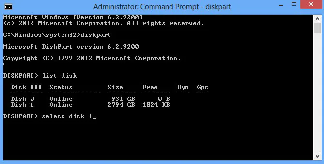 disk part command prompt