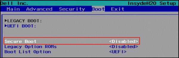 disable secure boot in bios settings 