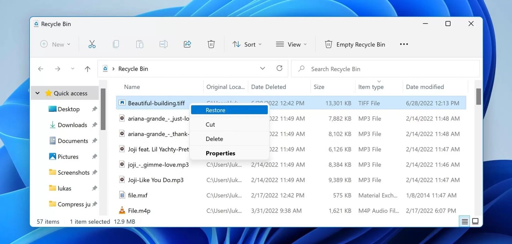 restore tiff from recycle bin