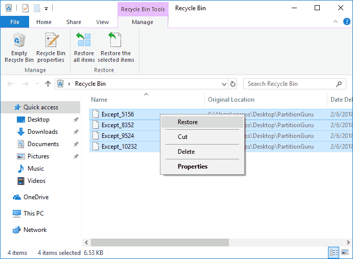 restore files from recycle bin