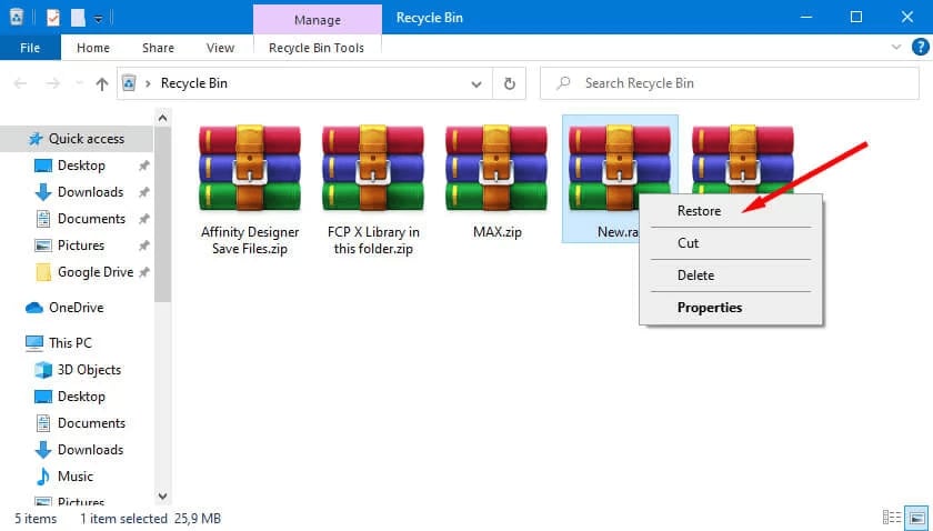 restore winrar from recycle bin 