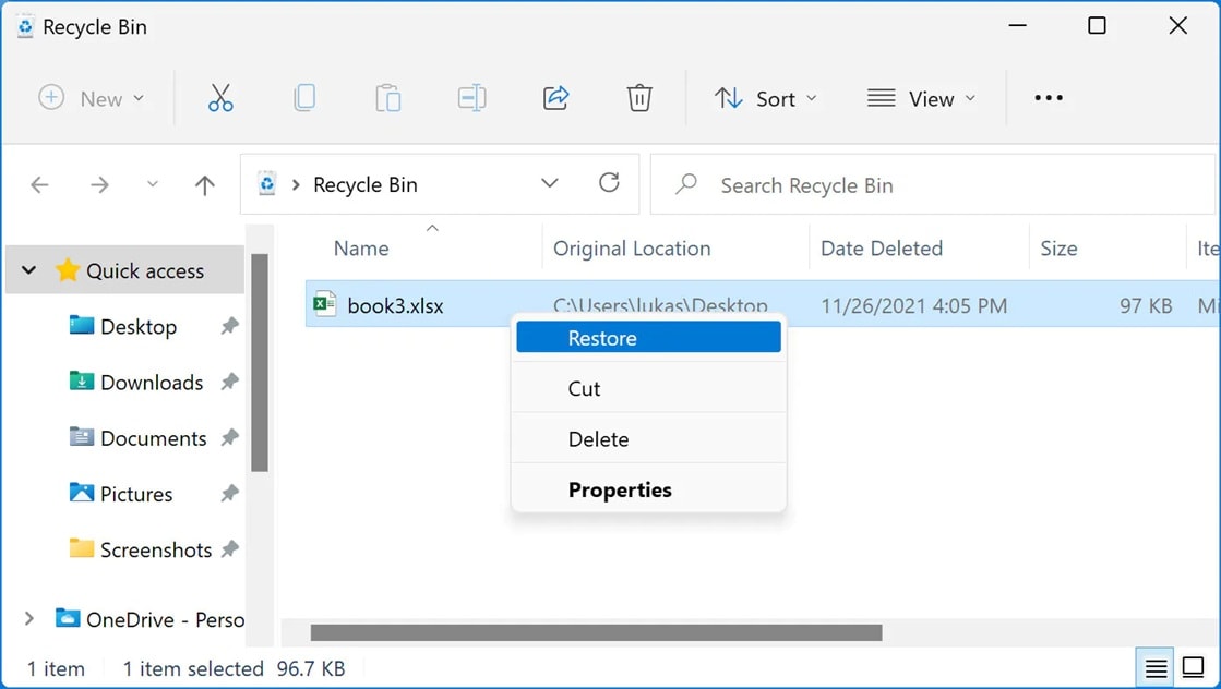restore xlsx from recycle bin 