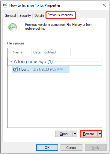 restore previous version excel 