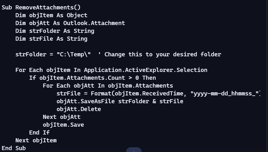 outlook attachment removal script sample