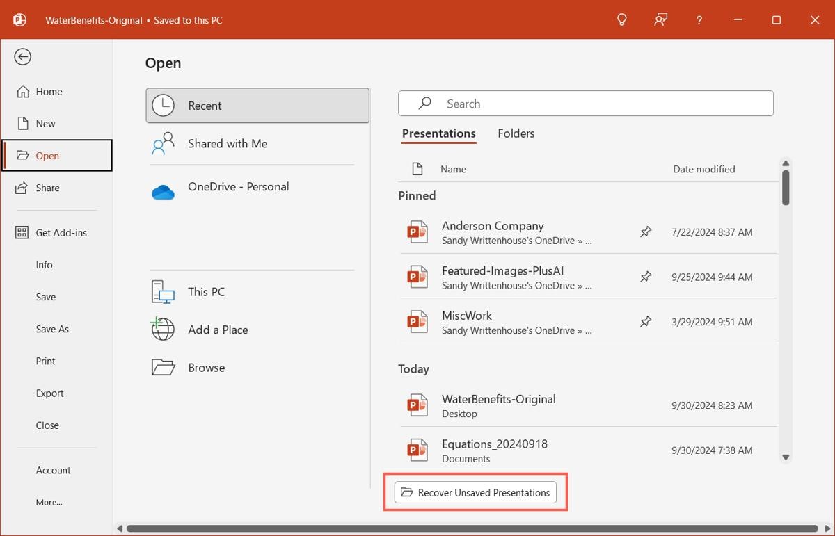 recover unsaved presentations