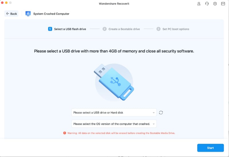choose a usb drive in wondershare recoverit