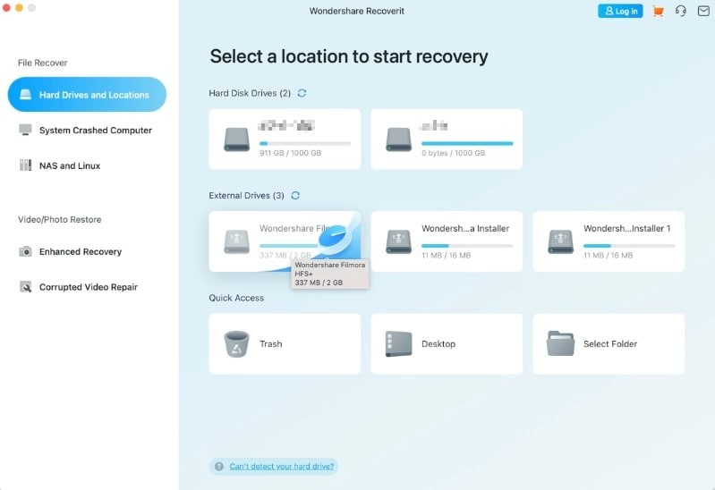 select a location to start recovery