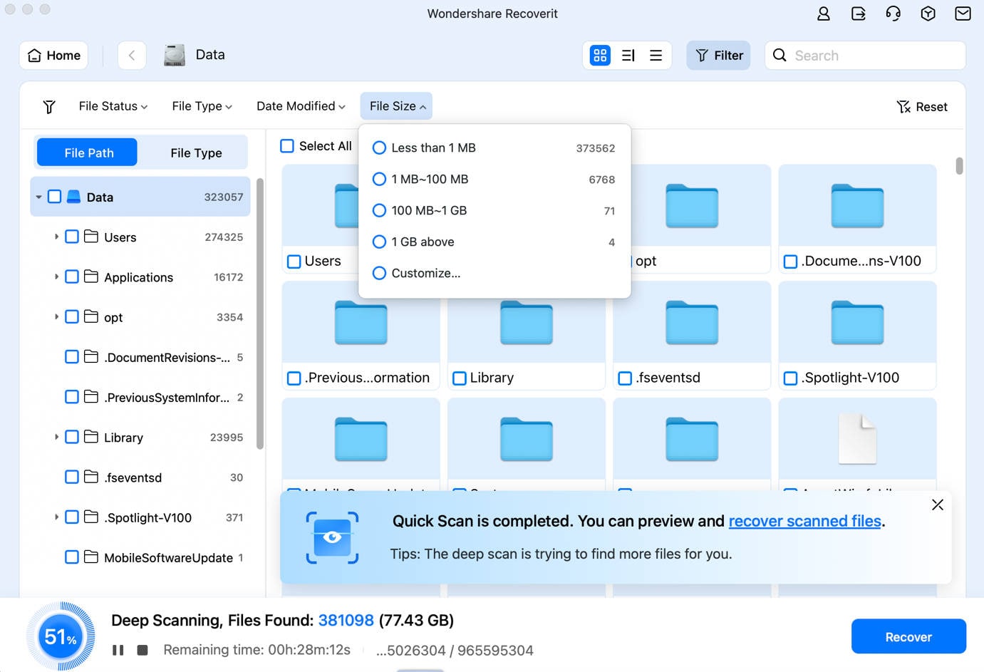 filter data by file size