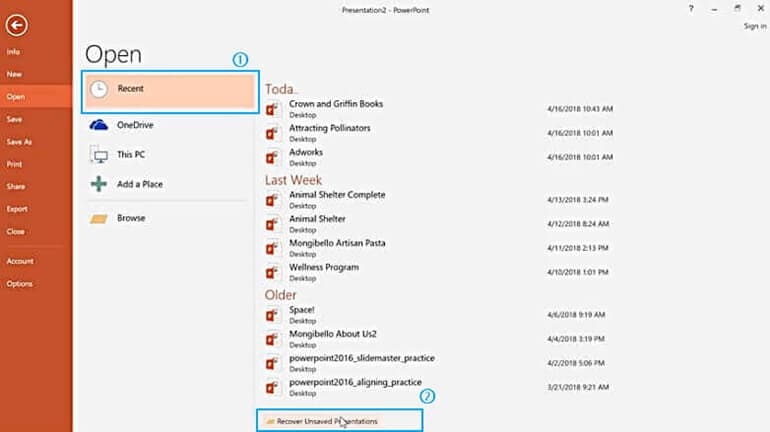 recover unsaved presentations 