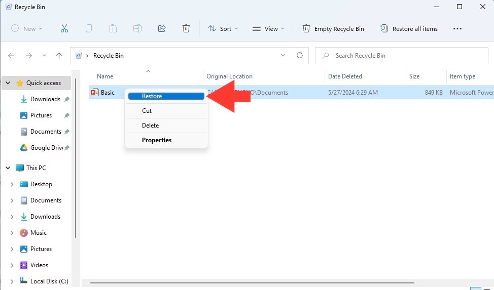 restore powerpoint file from recycle bin 