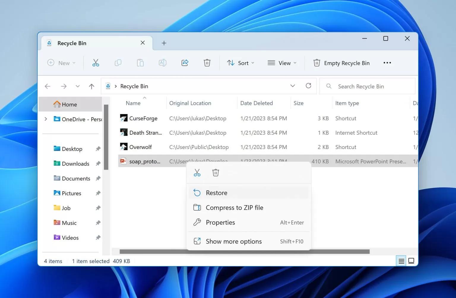 restore from recycle bin