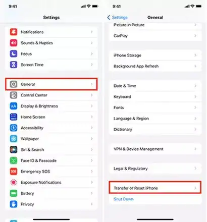 general and transfer or reset iphone options