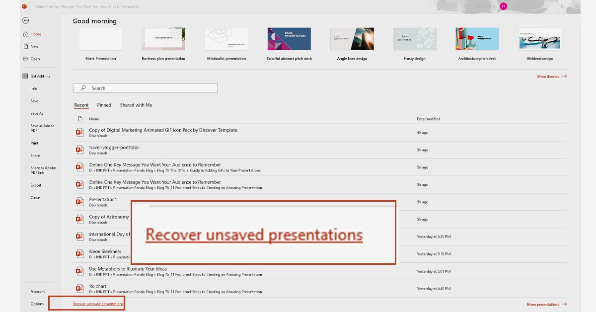 recover unsaved presentations