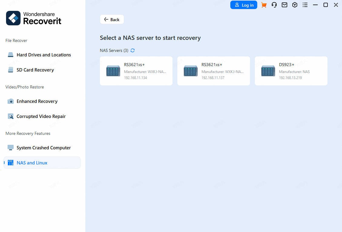 selecting nas to recover files from</li>