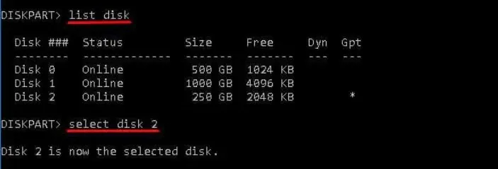 select disk 2 command option