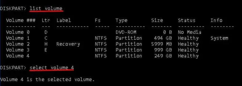 select volume command option