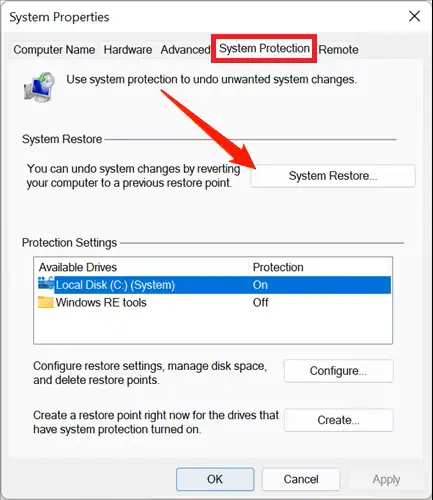 system restore option