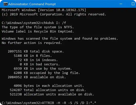 ใช้ cmd เพื่อกู้คืนไฟล์ที่ถูกลบจาก usb โดยไม่ต้องใช้ซอฟต์แวร์