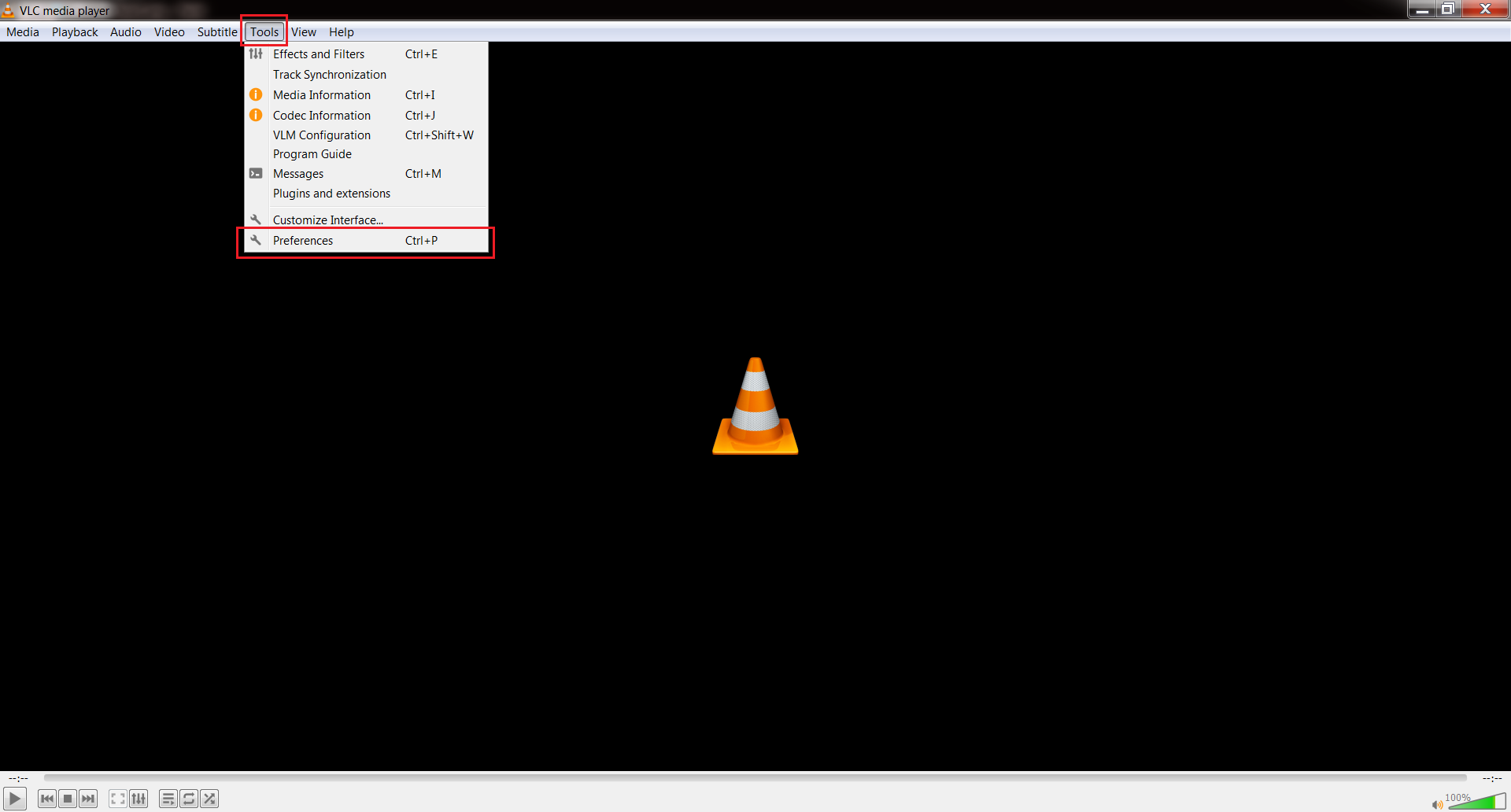 حدد التفضيلات على vlc