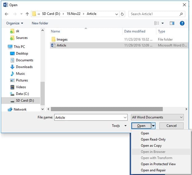 reparar archivo de word en MS Word 2016 paso 5