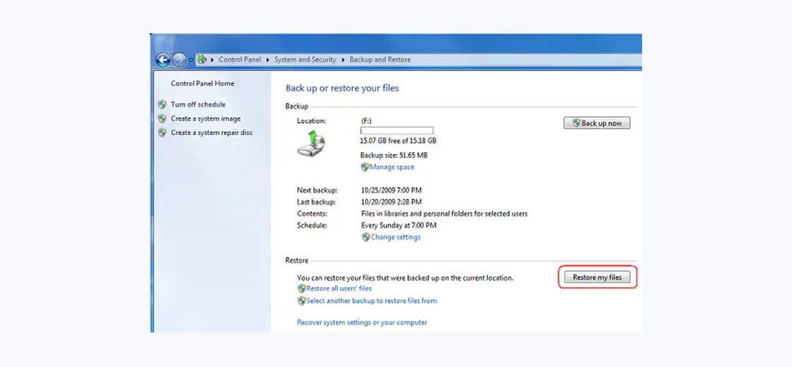 use windows backup and restore