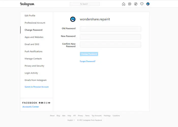 Changez le mot de passe d'Instagram sur le navigateur web