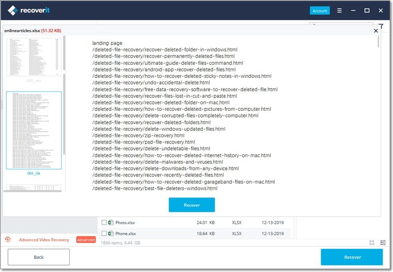 معاينة ملفات Excel المستردة