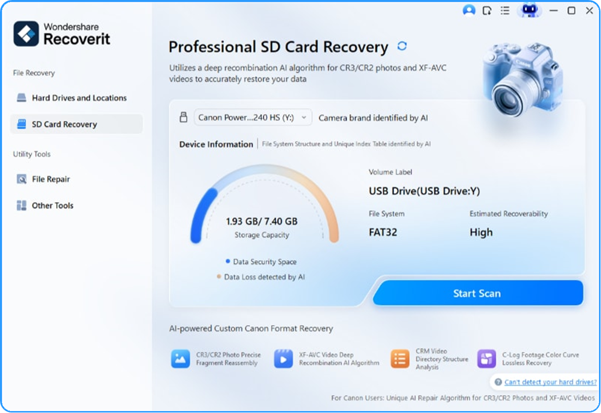select the camera memory card location in Recoverit