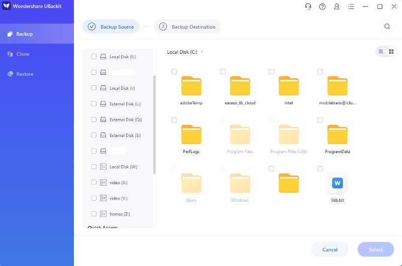 select files or folders to backup