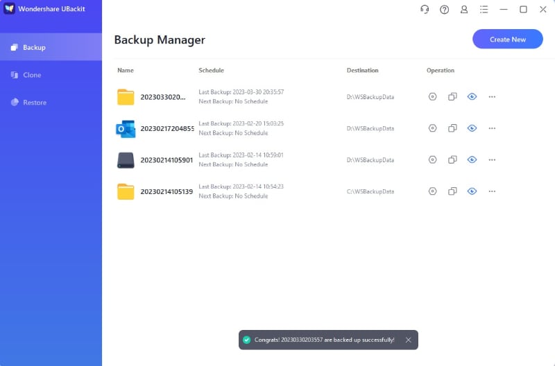 click backup to complete the real-time backup process