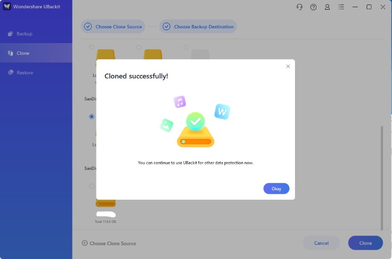 disk cloning completed in wondershare ubackit