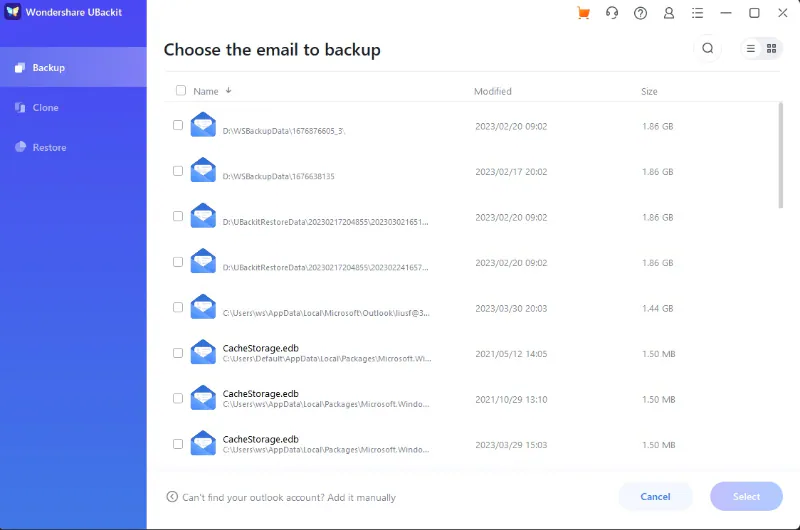 choosing the outlook accounts to backup