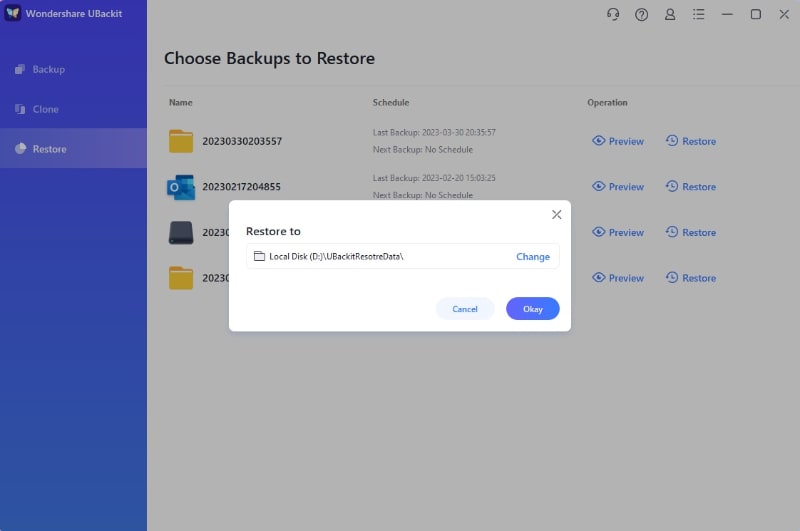 select the target restore location