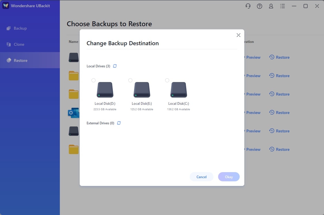 ubackit restore from previous backup