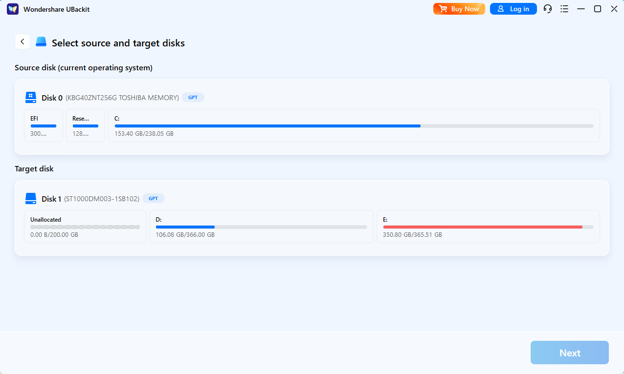 select source and target disk