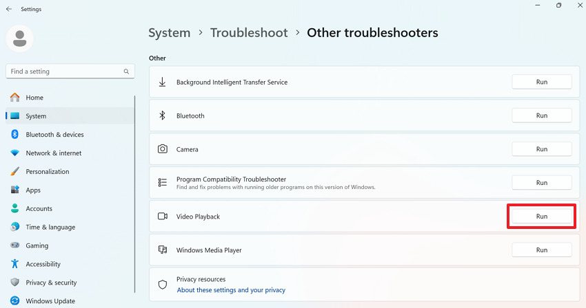 run video playback troubleshooter