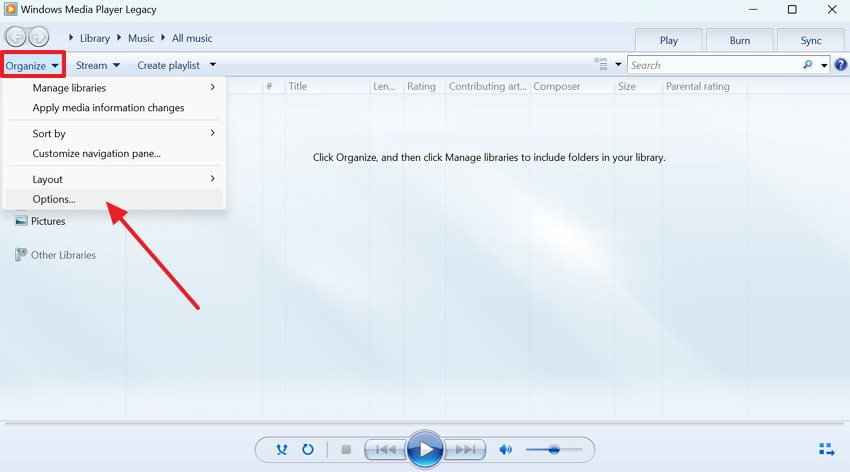 select organize option from media player
