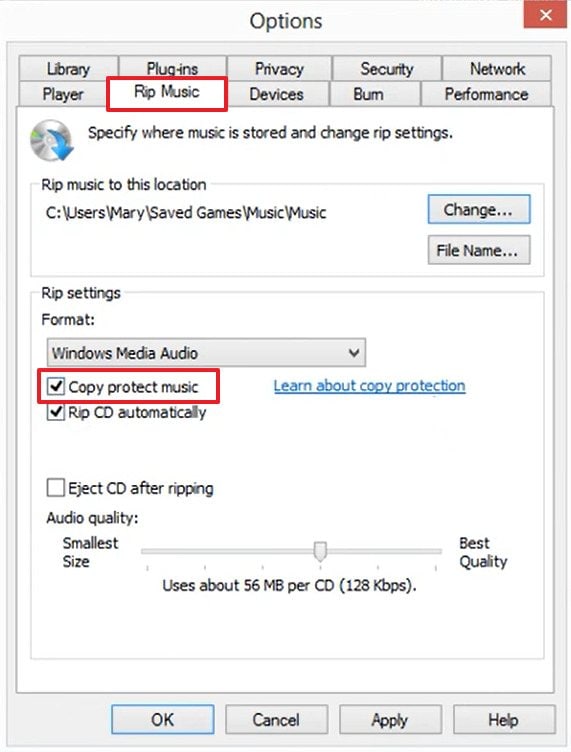 uncheck copy protect music
