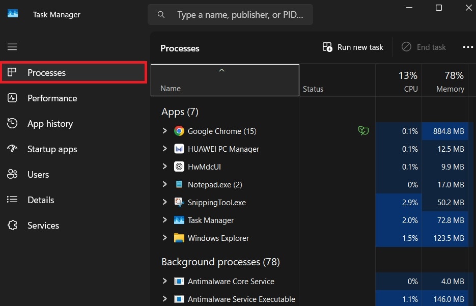 task manager processes tab