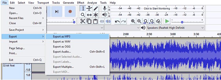 click export as mp3 in audacity