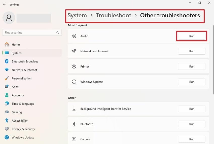 troubleshoot audio issues and click run