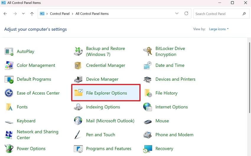 file explorer options in control panel
